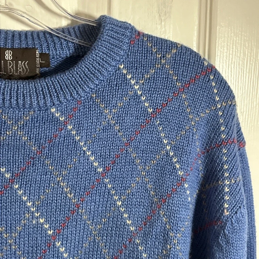 Bill Blass Wool Knit Geometric Pullover Sweater White Men's L Blue Vintage
